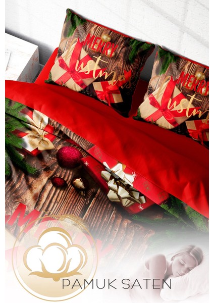 Yılbaşı Merry Christmas Çift Kişilik 3D Pamuk Saten Gift Nevresim Takımı indirimleri