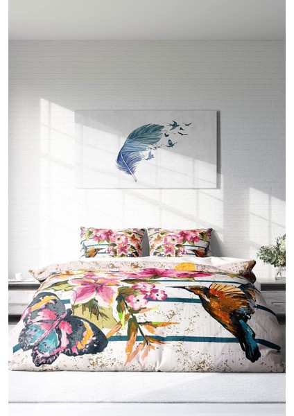 Çift Kişilik Lastikli Çarşaflı Pamuk Saten Bird & Butterfly Nevresim Takımı