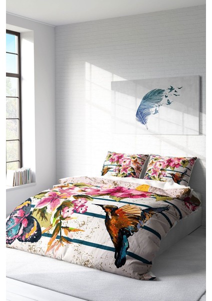 Çift Kişilik Lastikli Çarşaflı Pamuk Saten Bird & Butterfly Nevresim Takımı fiyatları