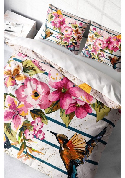 Çift Kişilik Lastikli Çarşaflı Pamuk Saten Bird & Butterfly Nevresim Takımı modelleri