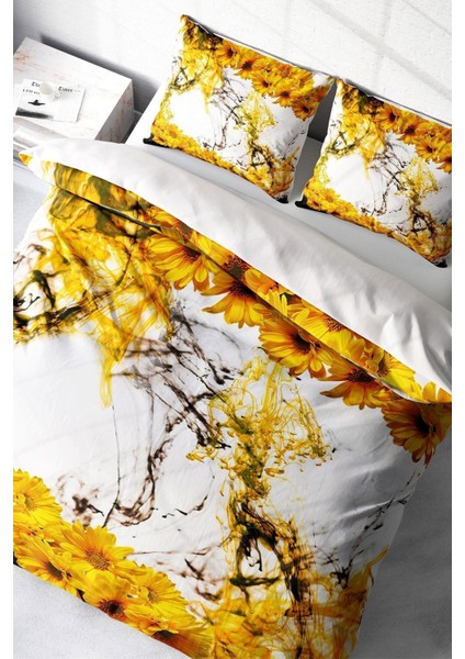 Çift Kişilik Sık Dokuma Pamuk Saten 3D Özel Tasarım Yellow Daisy Nevresim Takımı