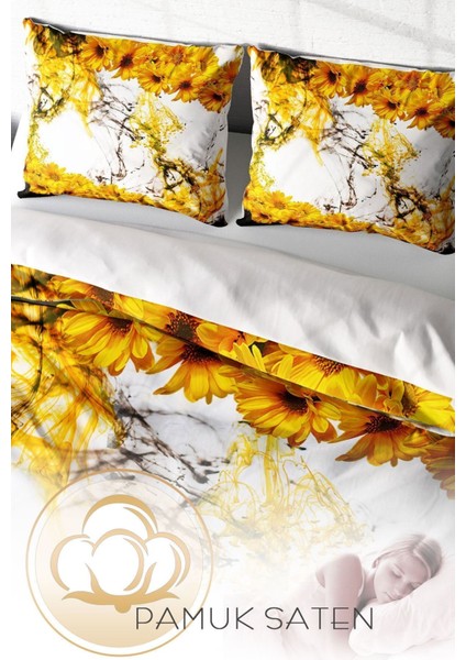 Çift Kişilik Sık Dokuma Pamuk Saten 3D Özel Tasarım Yellow Daisy Nevresim Takımı fırsatları
