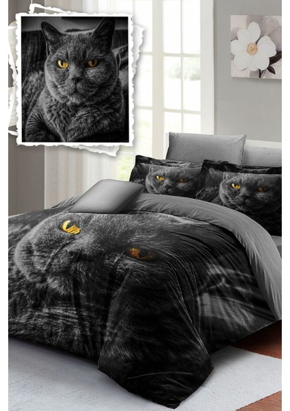 Çift Kişilik Sık Dokuma Pamuk Saten 3D Özel Tasarım Serious Cat Naturel Nevresim Takımı