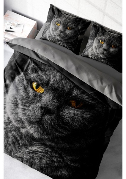Çift Kişilik Sık Dokuma Pamuk Saten 3D Özel Tasarım Serious Cat Naturel Nevresim Takımı modelleri