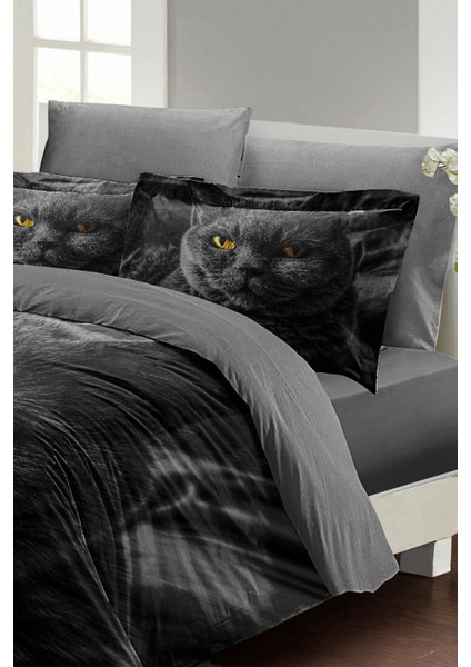 Çift Kişilik Sık Dokuma Pamuk Saten 3D Özel Tasarım Serious Cat Naturel Nevresim Takımı fırsatları