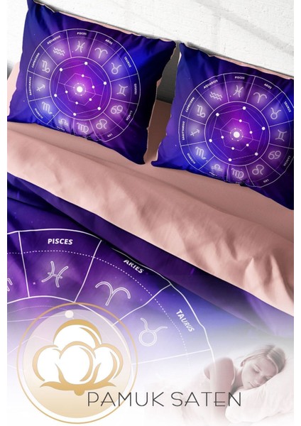 Çift Kişilik Sık Dokuma Pamuk Saten 3D Özel Tasarım Astroloji Nevresim Takımı fırsatları
