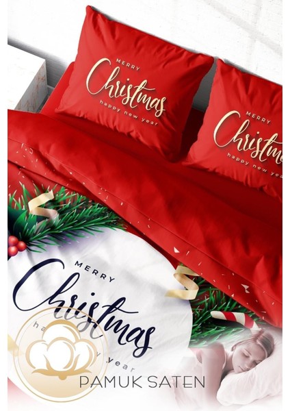 Yılbaşı (Lastikli Çarşaflı) Çift Kişilik Pamuk Saten Christmas Nevresim Takımı fırsatları