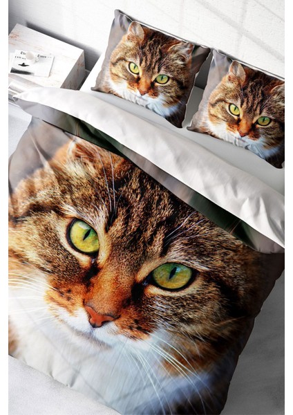 Lastikli Çarşaflı Pamuk Saten Çift Kişilik Tabby Nevresim Takımı