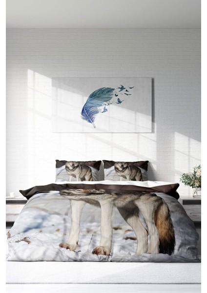 Doğal Pamuk Çift Kişilik 3D Digital Snowwolf Nevresim Takımı