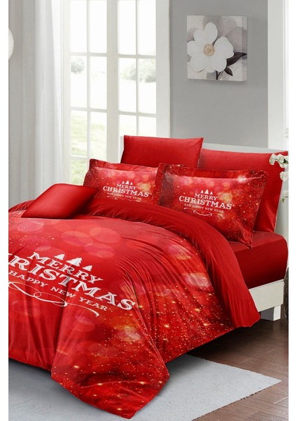 Yılbaşı Süsü Merry Red Noel Pamuk Saten 3D Çift Kişilik Nevresim Takımı