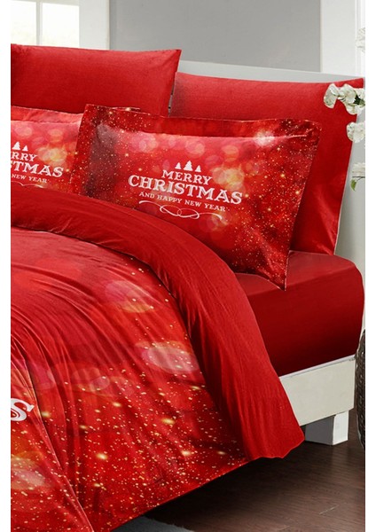 Yılbaşı Süsü Merry Red Noel Pamuk Saten 3D Çift Kişilik Nevresim Takımı fiyatları