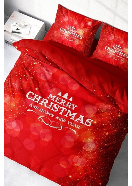 Yılbaşı Süsü Merry Red Noel Pamuk Saten 3D Çift Kişilik Nevresim Takımı modelleri