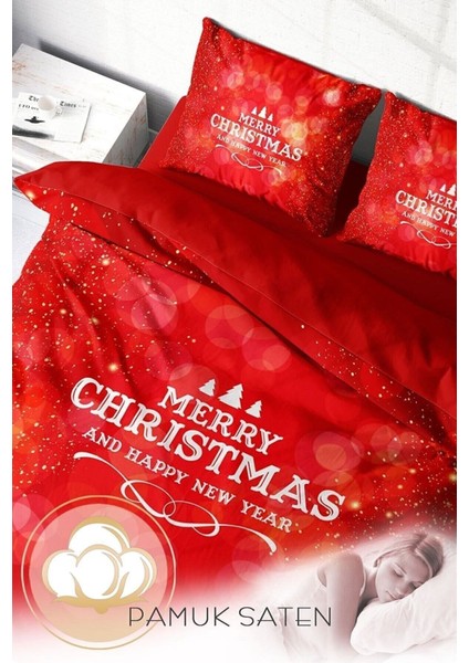 Yılbaşı Süsü Merry Red Noel Pamuk Saten 3D Çift Kişilik Nevresim Takımı fırsatları