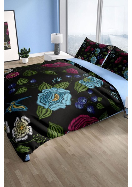 Flower Black 3D Pamuk Saten Çift Kişilik Nevresim Seti Nevresim Takımı