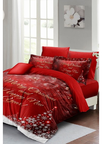 Yılbaşı Süsü Happy New Noel Pamuk Saten 3D Çift Kişilik Nevresim Takımı