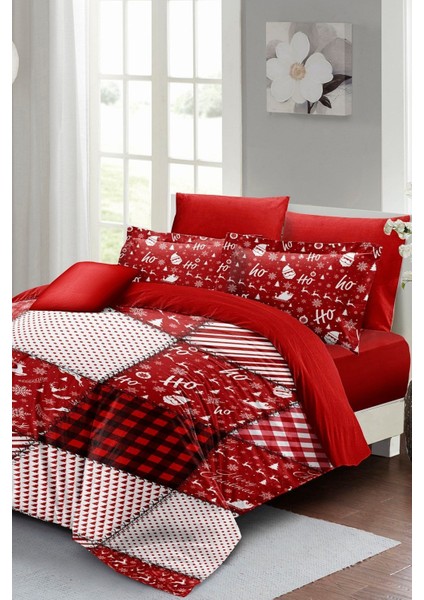 Yılbaşı Süsü Ekose Noel Pamuk Saten 3D Çift Kişilik Nevresim Takımı