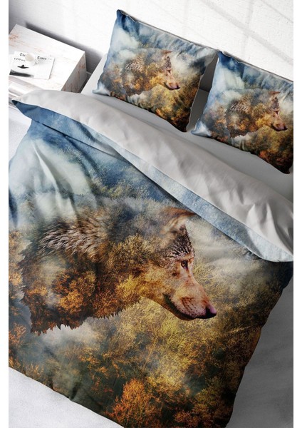 Doğal Pamuk Çift Kişilik 3D Digital Wolfface Nevresim Takımı