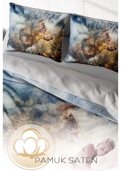 Doğal Pamuk Çift Kişilik 3D Digital Wolfface Nevresim Takımı fırsatları