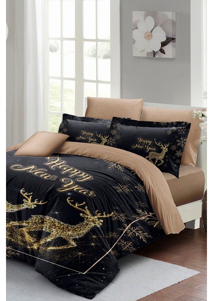 Yılbaşı Süsü Geyik Noel Pamuk Saten 3D Çift Kişilik Nevresim Takımı