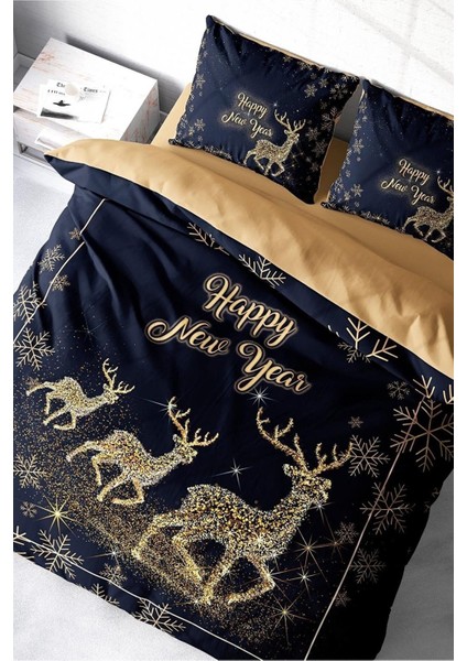 Yılbaşı Süsü Geyik Noel Pamuk Saten 3D Çift Kişilik Nevresim Takımı modelleri