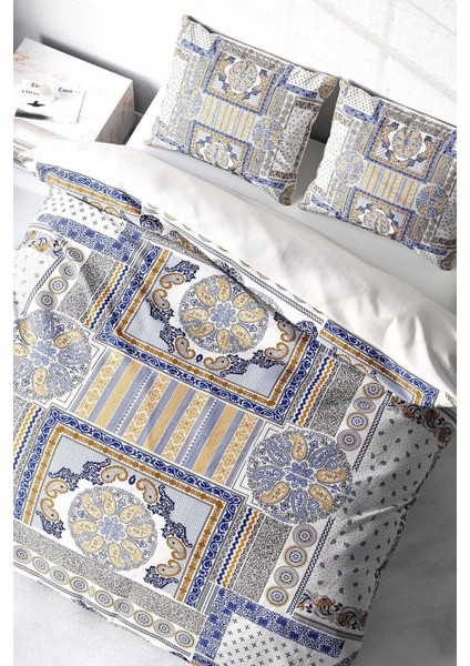 Çift Kişilik Lastikli Çarşaflı Pamuk Saten Blue Patchwork Nevresim Takımı