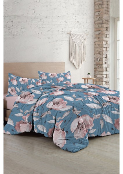 Çift Kişilik Lastikli Çarşaflı Pamuk Saten Blue Rose Nevresim Takımı