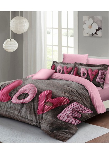 Çift Kişilik Lastikli Çarşaflı Sevgililer Günü % 100 Pamuk Saten Love Nevresim Takımı fiyatları