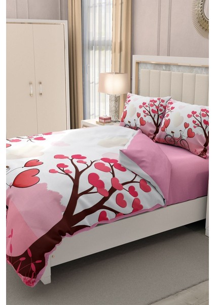 Çift Kişilik Lastikli Çarşaflı Sevgililer Günü % 100 Pamuk Saten Dilek Ağacı Nevresim Takımı
