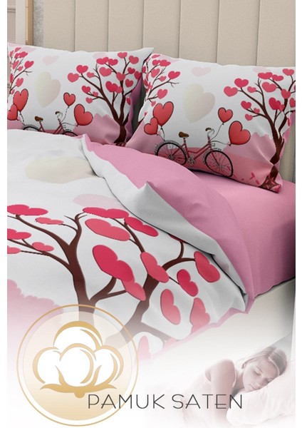 Çift Kişilik Lastikli Çarşaflı Sevgililer Günü % 100 Pamuk Saten Dilek Ağacı Nevresim Takımı fırsatları