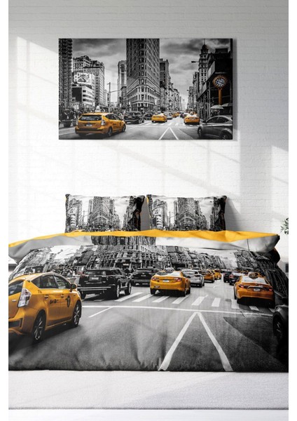 Çift Kişilik Lastikli Çarşaflı Pamuk Saten Taxi Nevresim Takımı