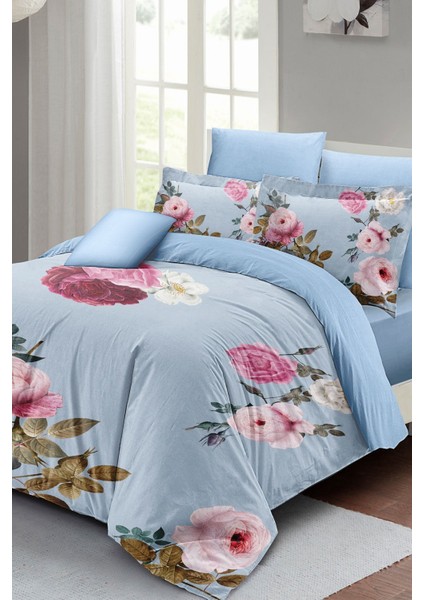 Çift Kişilik Lastikli Çarşaflı Pamuk Saten Blue Flower Nevresim Takımı