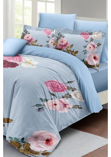 Çift Kişilik Lastikli Çarşaflı Pamuk Saten Blue Flower Nevresim Takımı fiyatları