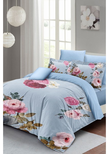 Çift Kişilik Lastikli Çarşaflı Pamuk Saten Blue Flower Nevresim Takımı modelleri
