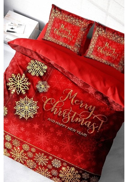 Yılbaşı Çift Kişilik Nevresim Lastikli Çarşaflı Pamuk Saten Red Christmas Nevresim Takımı