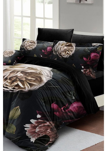 Çift Kişilik Lastikli Çarşaflı Pamuk Saten Black Flower Nevresim Takımı