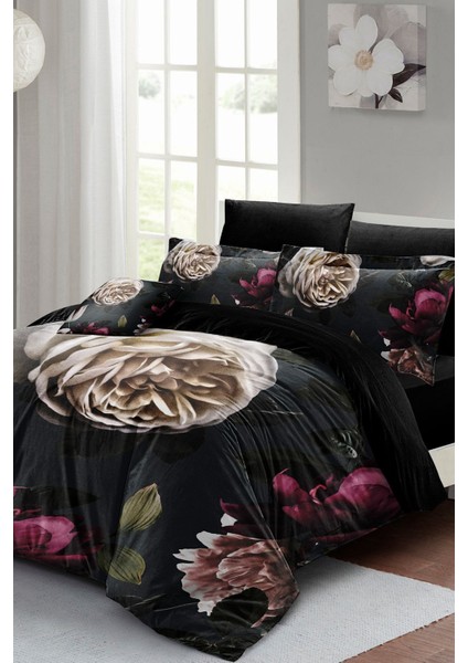 Çift Kişilik Lastikli Çarşaflı Pamuk Saten Black Flower Nevresim Takımı fiyatları