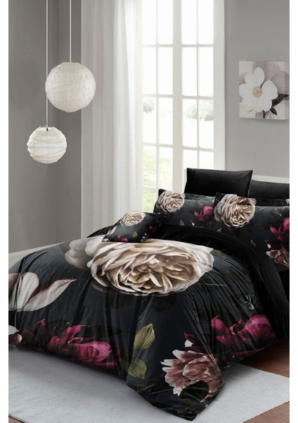 Çift Kişilik Lastikli Çarşaflı Pamuk Saten Black Flower Nevresim Takımı modelleri