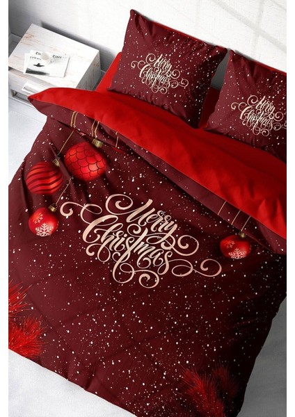 Yılbaşı Çift Kişilik Nevresim Lastikli Çarşaflı Pamuk Saten Red Ball Nevresim Takımı