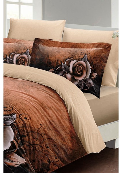 Çift Kişilik Lastikli Çarşaflı Pamuk Saten Copper Rose Nevresim Takımı