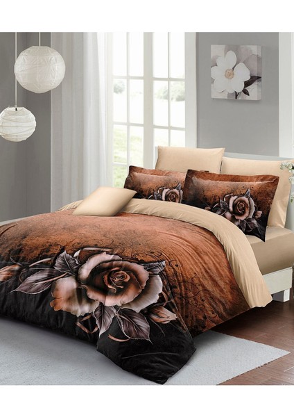 Çift Kişilik Lastikli Çarşaflı Pamuk Saten Copper Rose Nevresim Takımı modelleri