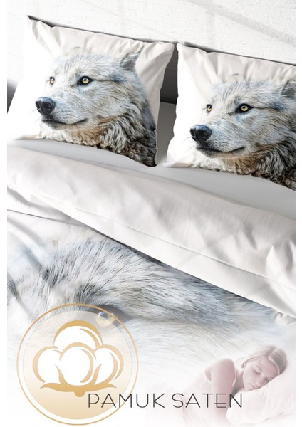 Lastikli Çarşaflı Pamuk Saten Çift Kişilik White Wolf Nevresim Takımı