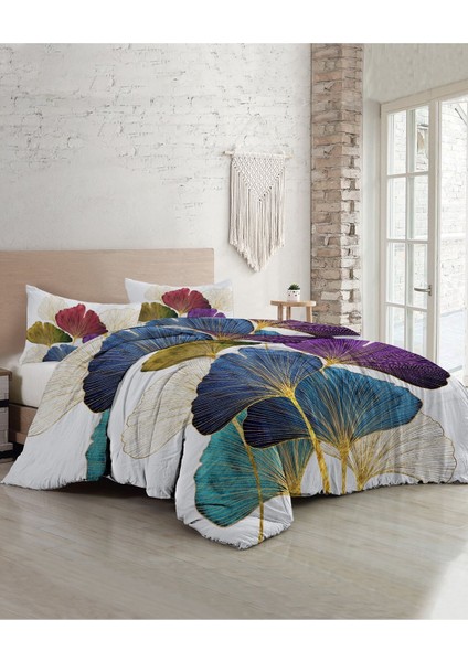 Lastikli Çarşaflı Pamuk Saten Çift Kişilik Colorfull Leaves Nevresim Takımı