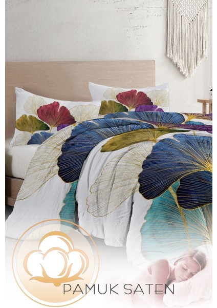 Lastikli Çarşaflı Pamuk Saten Çift Kişilik Colorfull Leaves Nevresim Takımı fırsatları