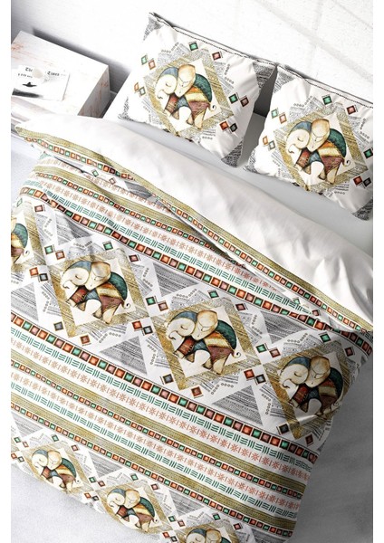 Doğal Pamuk Çift Kişilik 3D Digital Vintage Elephant Nevresim Takımı