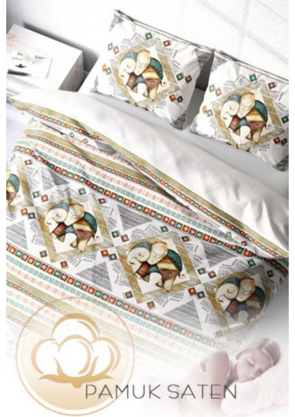 Doğal Pamuk Çift Kişilik 3D Digital Vintage Elephant Nevresim Takımı fırsatları