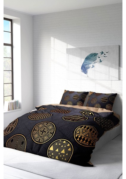 Doğal Pamuk Çift Kişilik 3D Digital Gold Black Circle Nevresim Takımı fiyatları
