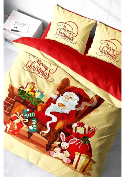 Yılbaşı Çift Kişilik Nevresim Lastikli Çarşaflı Pamuk Saten Noel Baba Nevresim Takımı