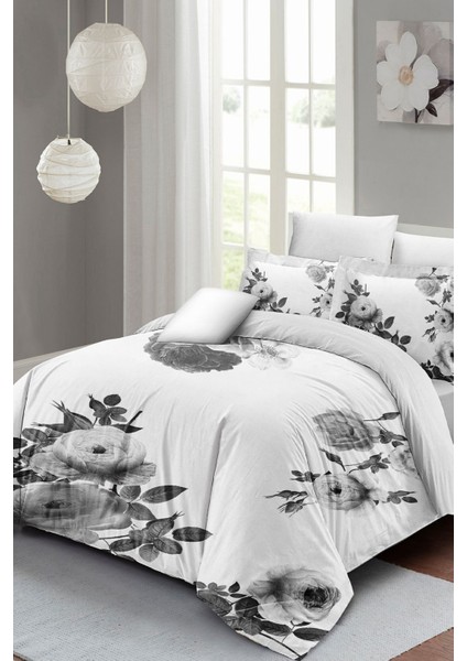 Lastikli Çarşaflı Pamuk Saten Çift Kişilik Black White Flower Nevresim Takımı