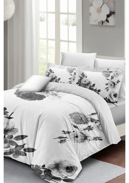Lastikli Çarşaflı Pamuk Saten Çift Kişilik Black White Flower Nevresim Takımı fiyatları