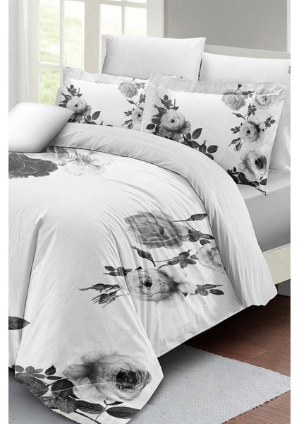 Lastikli Çarşaflı Pamuk Saten Çift Kişilik Black White Flower Nevresim Takımı modelleri